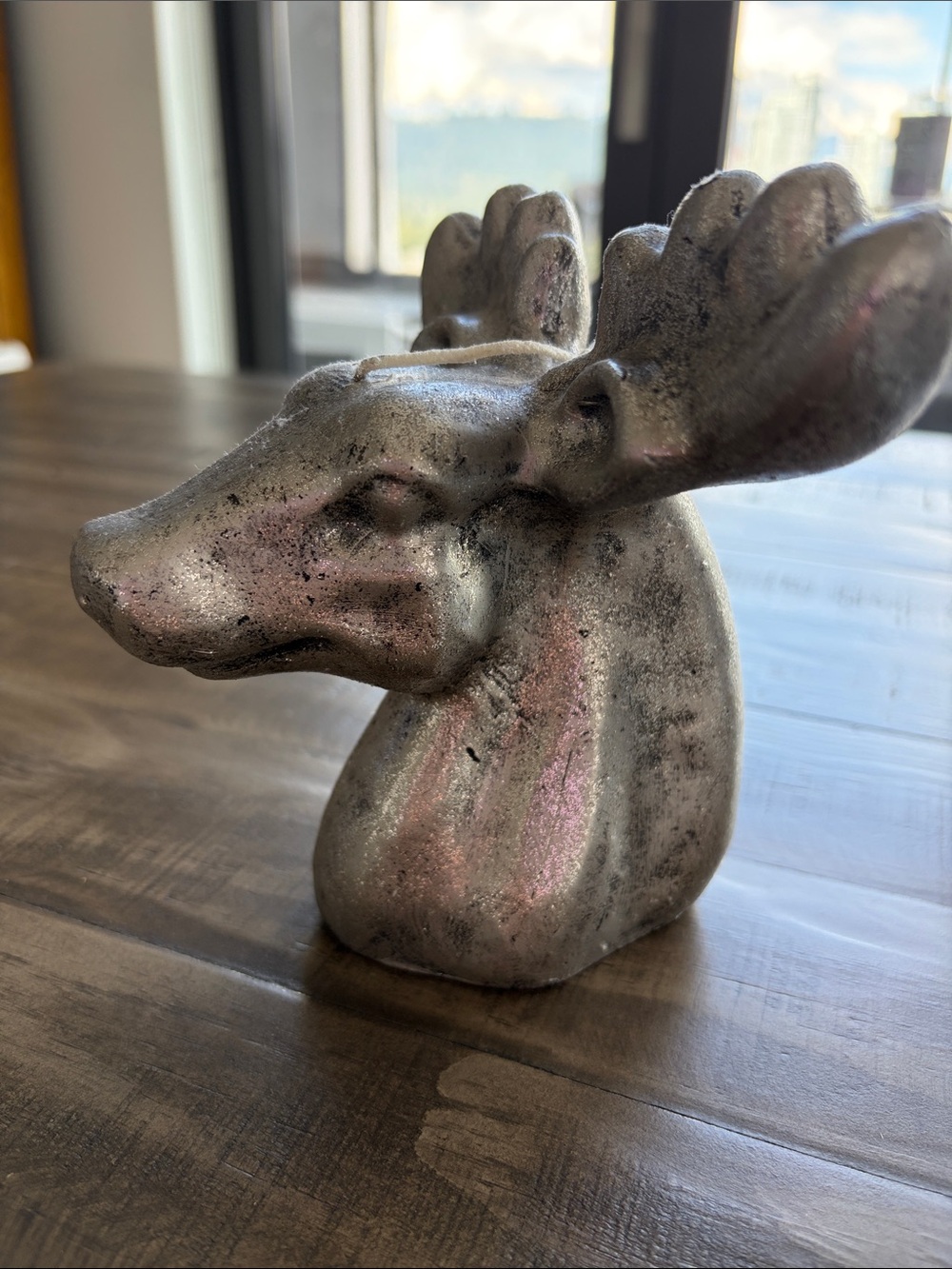 Decorative Metallic Moose Head Sculpture Candle - Silver Accents